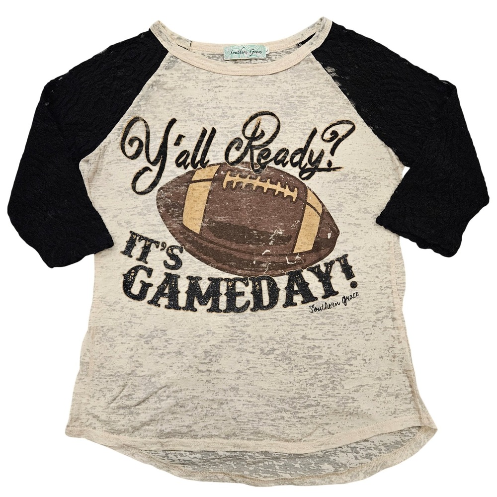 Southern Grace Y'all Ready It's Gameday Football Lace Raglan Top Large Cream Blk